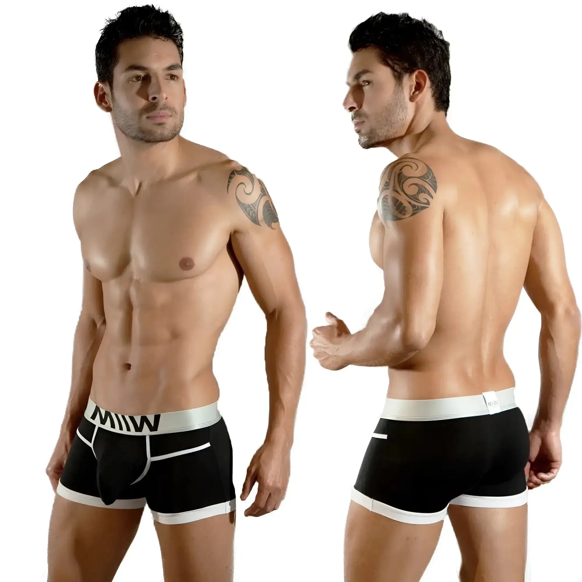 Metro male wear perfect scene hip trunk black briefs with white trim and contrasting silver logo elastic band