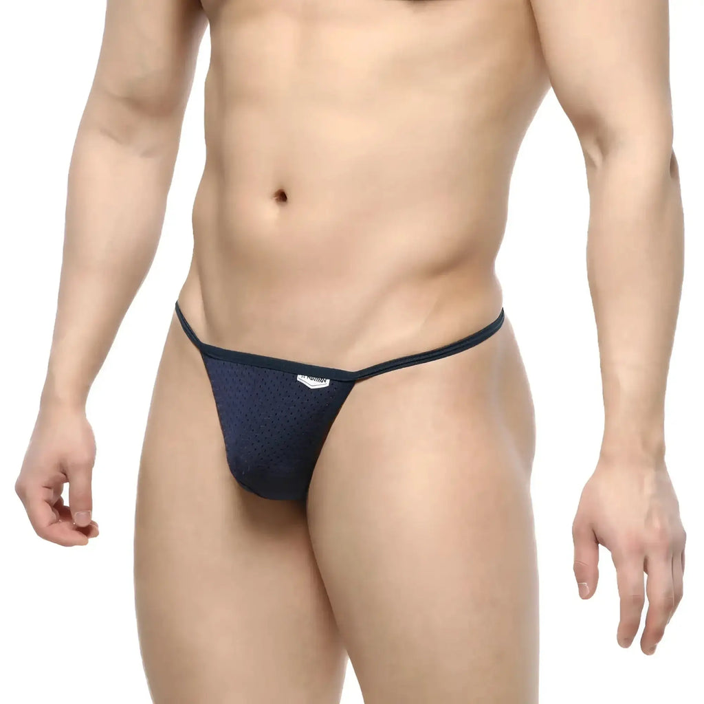 Navy blue mesh thong with sleek minimalist design and subtle white metroMaleWear logo on waistband