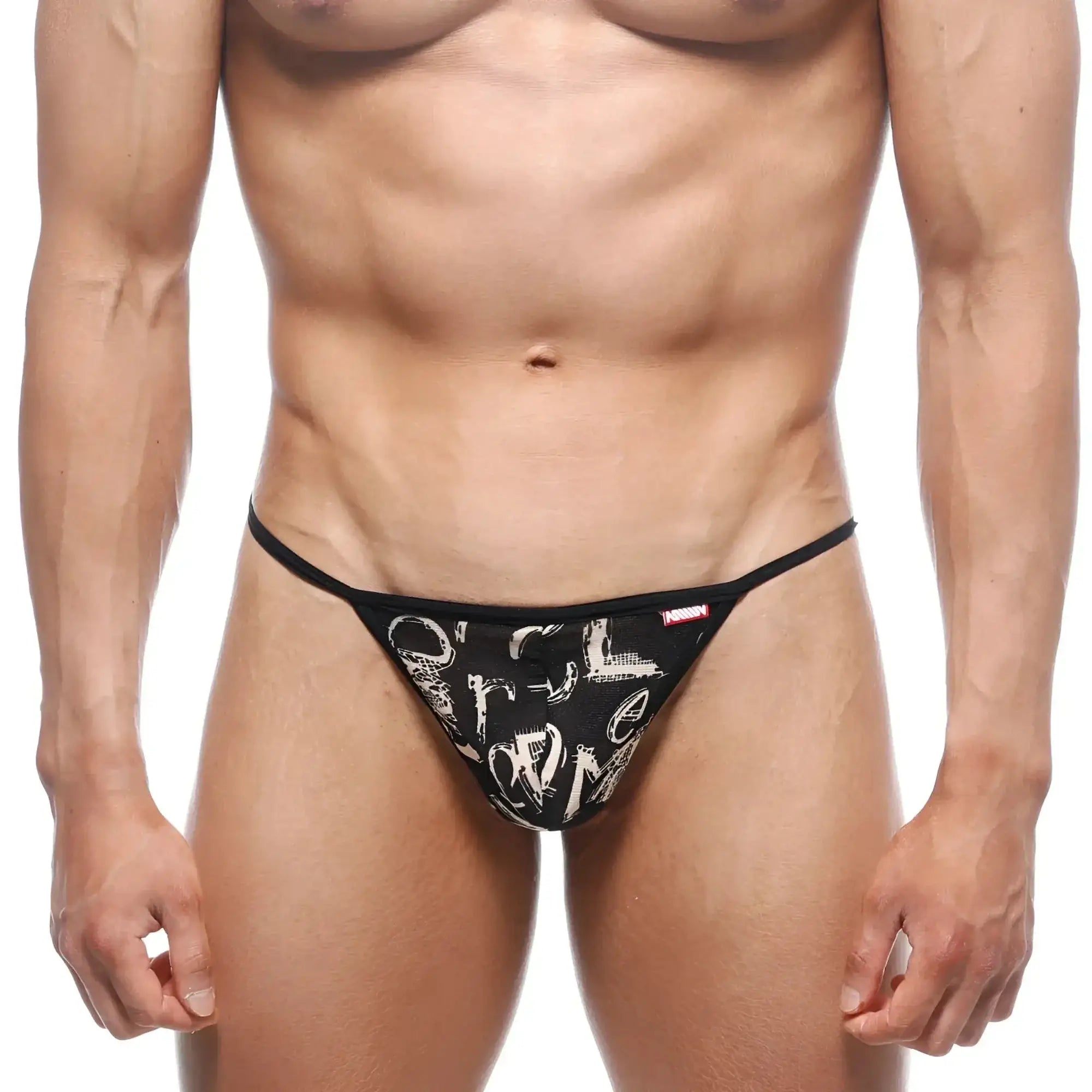 Black thong with white graffiti lettering and a red metroMalewear tag on the waistband.
