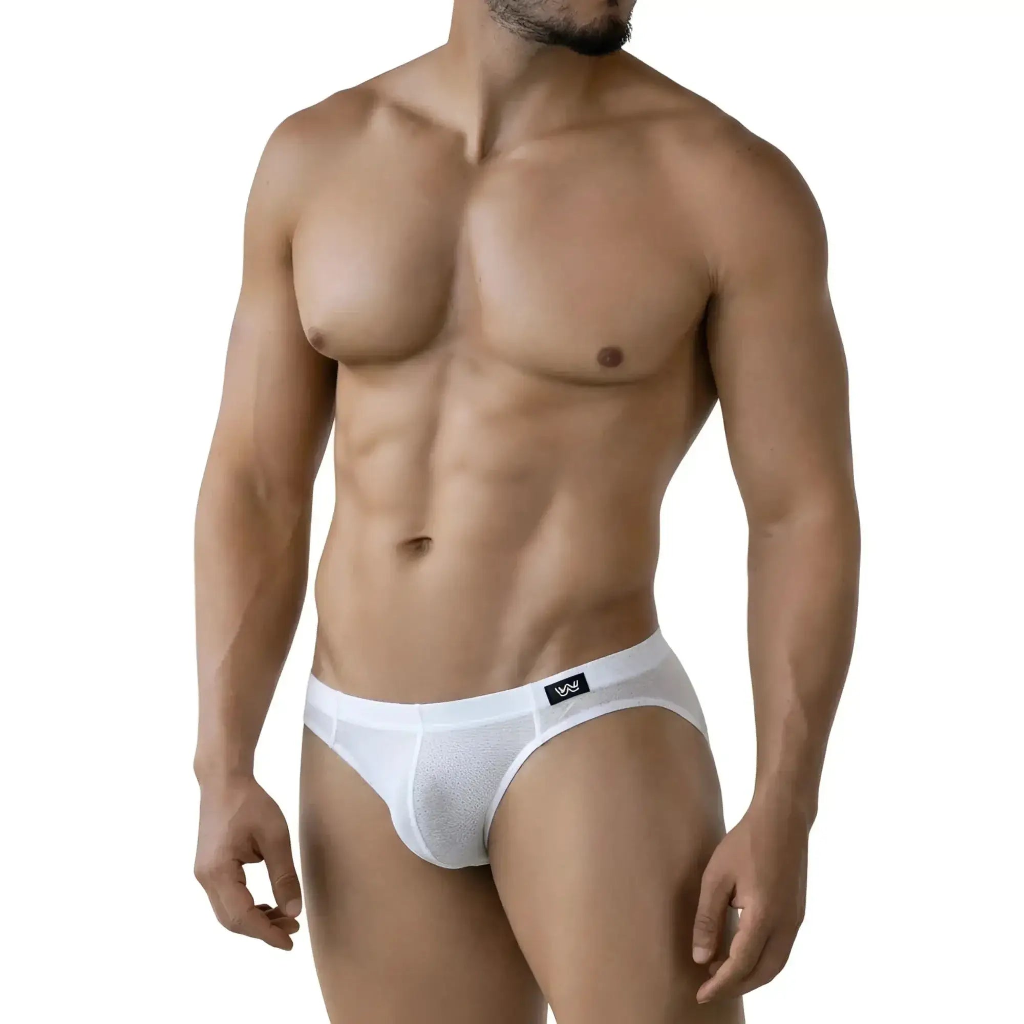 MetroMaleWear Perla Bikini 5103-18 white mesh briefs with black logo on waistband front view