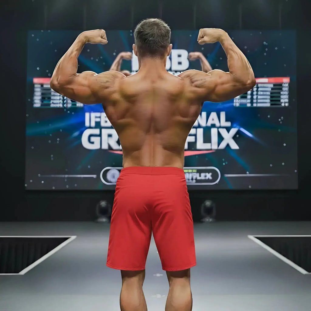 A muscular man on stage shows the back side of metro malewear physique board short crimson 4706-13 in bright red
