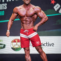 Red athletic shorts with white stripes and bull logo on the left leg by Metromalewear Physique Board Short Crimson 4706-13