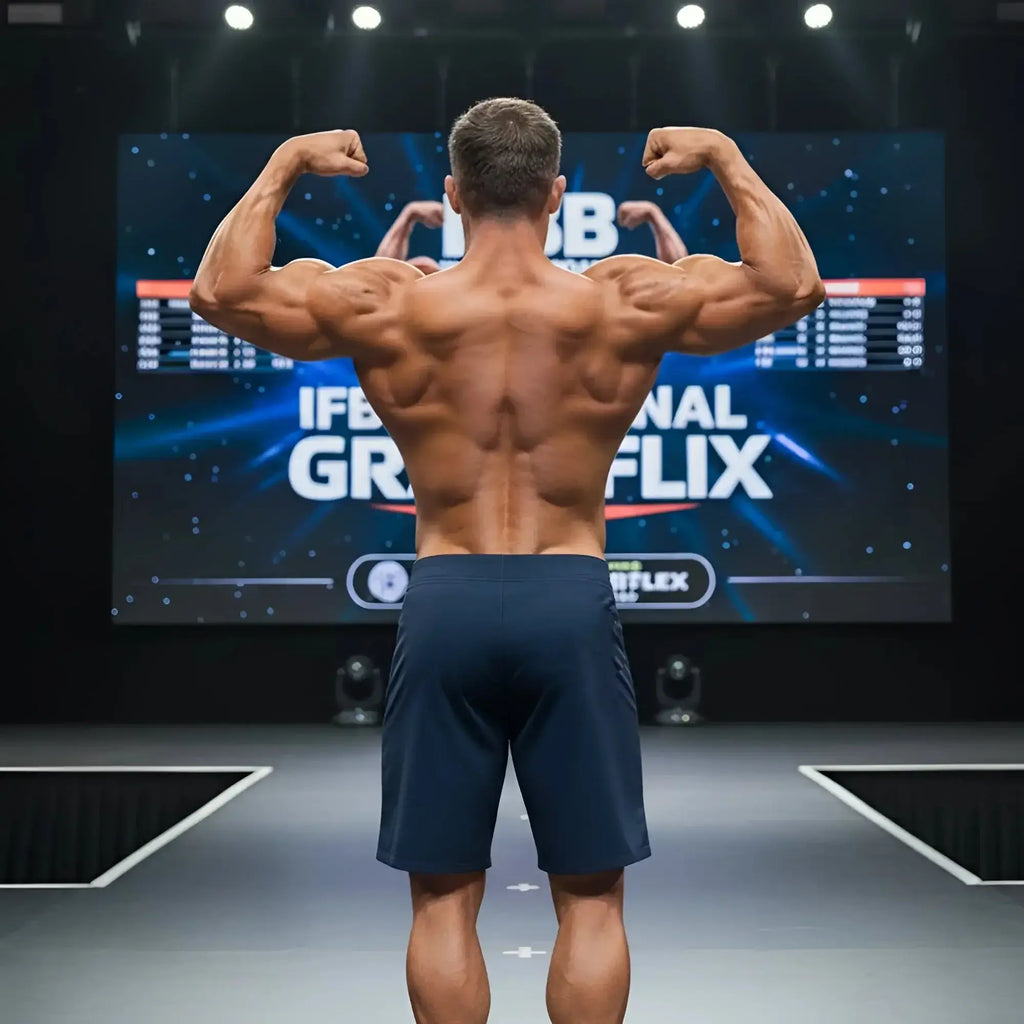 A muscular man showcasing the back side of navy MetroMaleWear physique board short 4706-28 with flexed arms