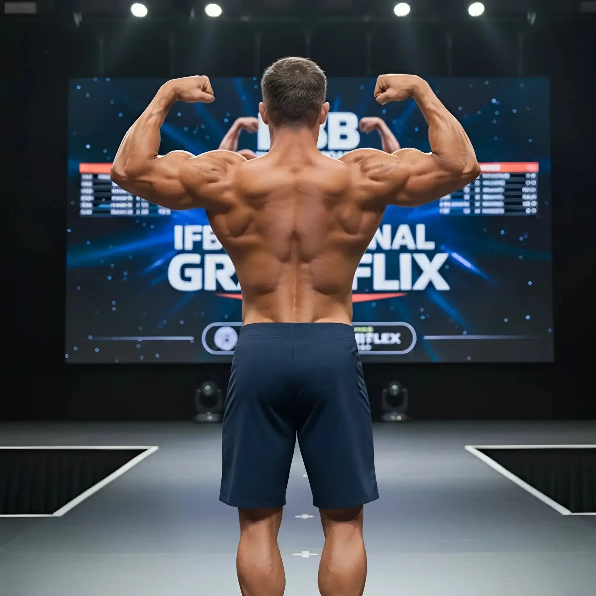 A muscular man showcasing the back side of navy MetroMaleWear physique board short 4706-28 with flexed arms