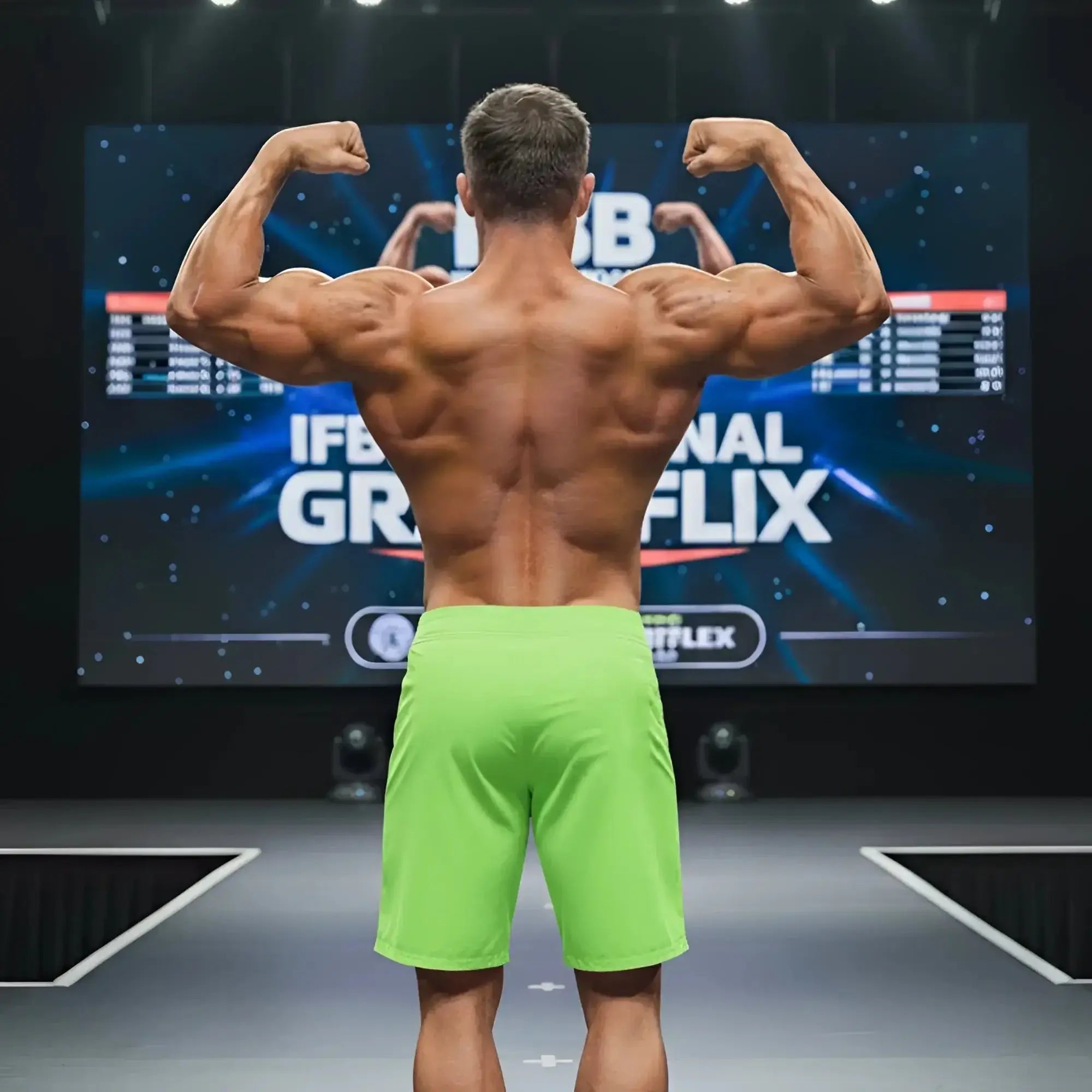 A muscular man wearing neon green MetroMaleWear physique board shorts stands on stage showing the back side of the shorts