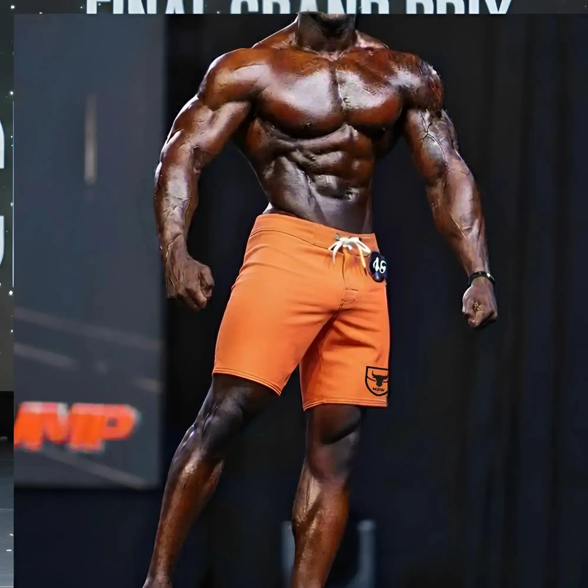 MetroMaleWear Physique board short neon orange with white drawstring and black logo patch for athletic use