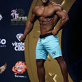 Metro malewear physique board short sky 4706-06 light blue athletic shorts with black waistband and shield logo on left leg