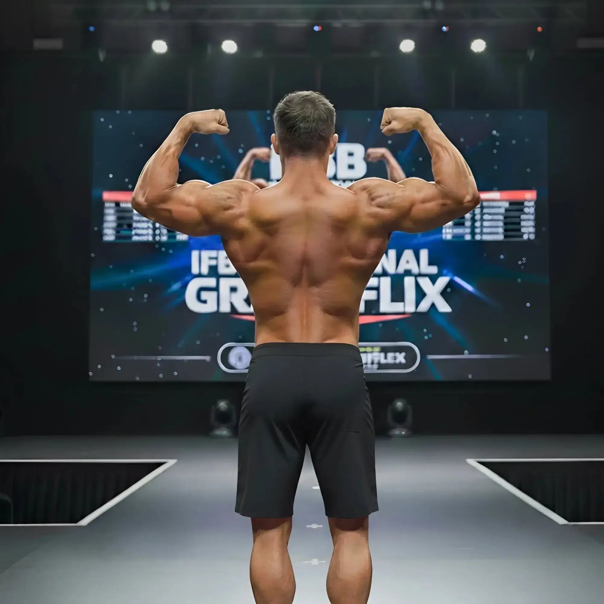 A muscular man wearing black MetroMaleWear Physique Board Short Stripe 4706-47 shows defined back muscles.
