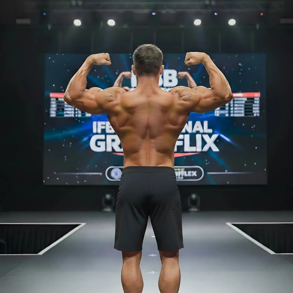 A muscular man shows the back side of metro malewear physique board short victory 4706-46 in black on stage