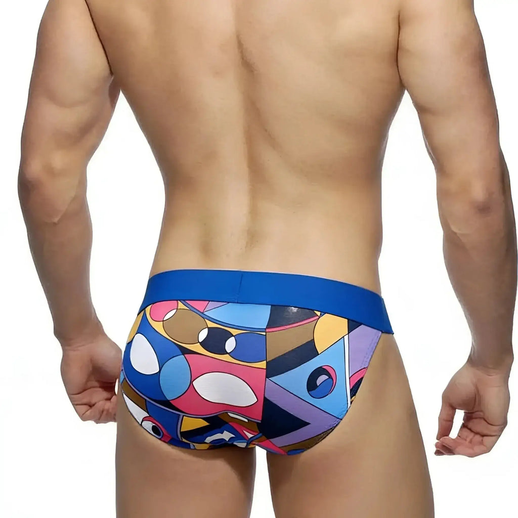 Vibrant geometric-patterned swim trunks with bold blue waistband metroMalewear picasso bikini 3004-87