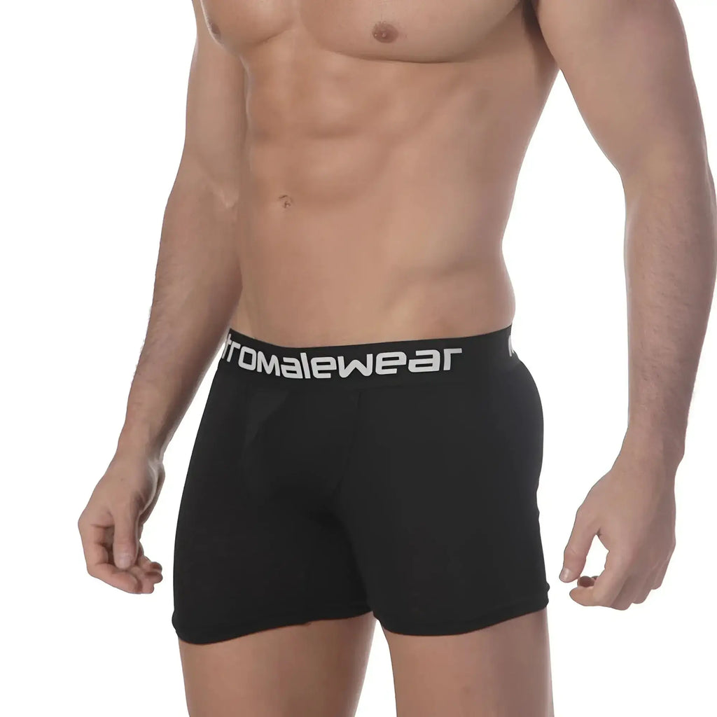 Black mens pima cotton boxer briefs in black with white promalewear logo on waistband metroMaleWear 3027-20