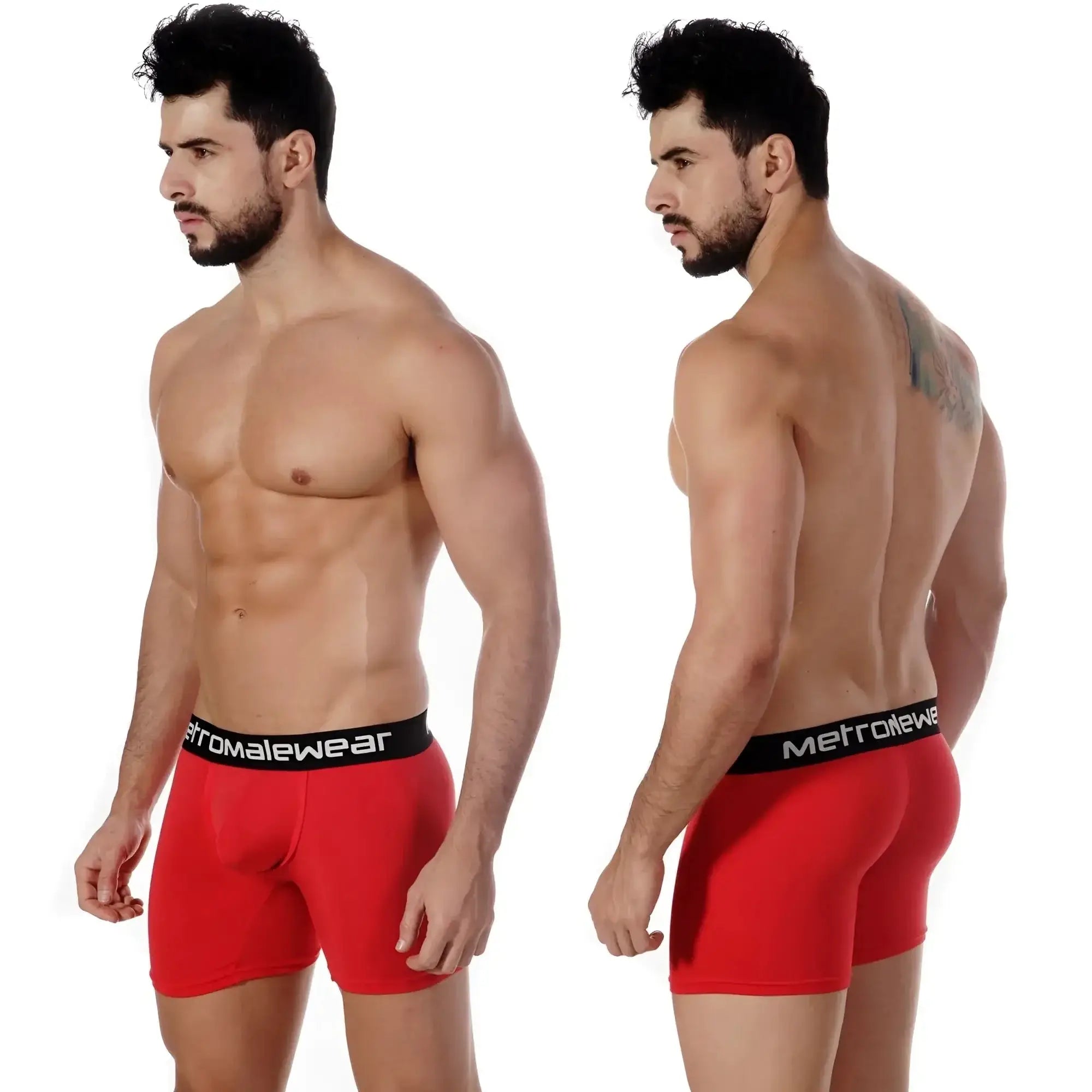 Red men’s pima cotton boxer briefs with black elastic waistband featuring metromalewear branding model 3027-12