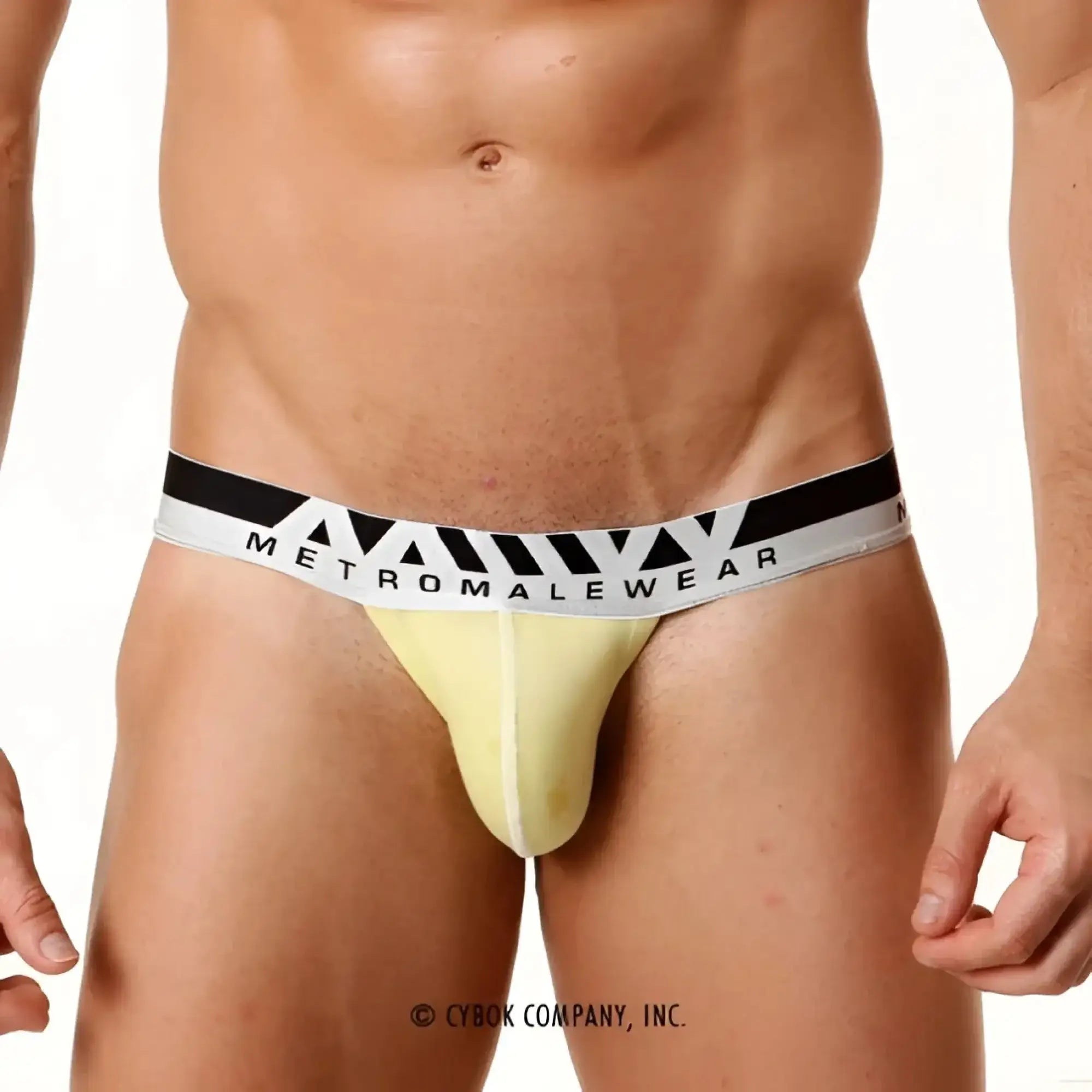 Yellow metromalewear pima cotton hip thong briefs with a black and white striped waistband featuring the brand name