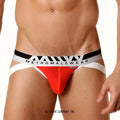 Vibrant red form-fitting briefs with black and white striped metromalewear waistband made of pima cotton