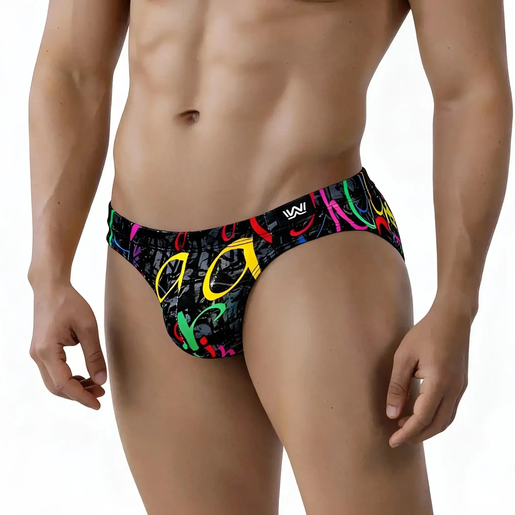 Black swim trunks MetroMaleWear Pinaculo Bikini 5103-M85 with vibrant neon pink yellow green and red graffiti graphic