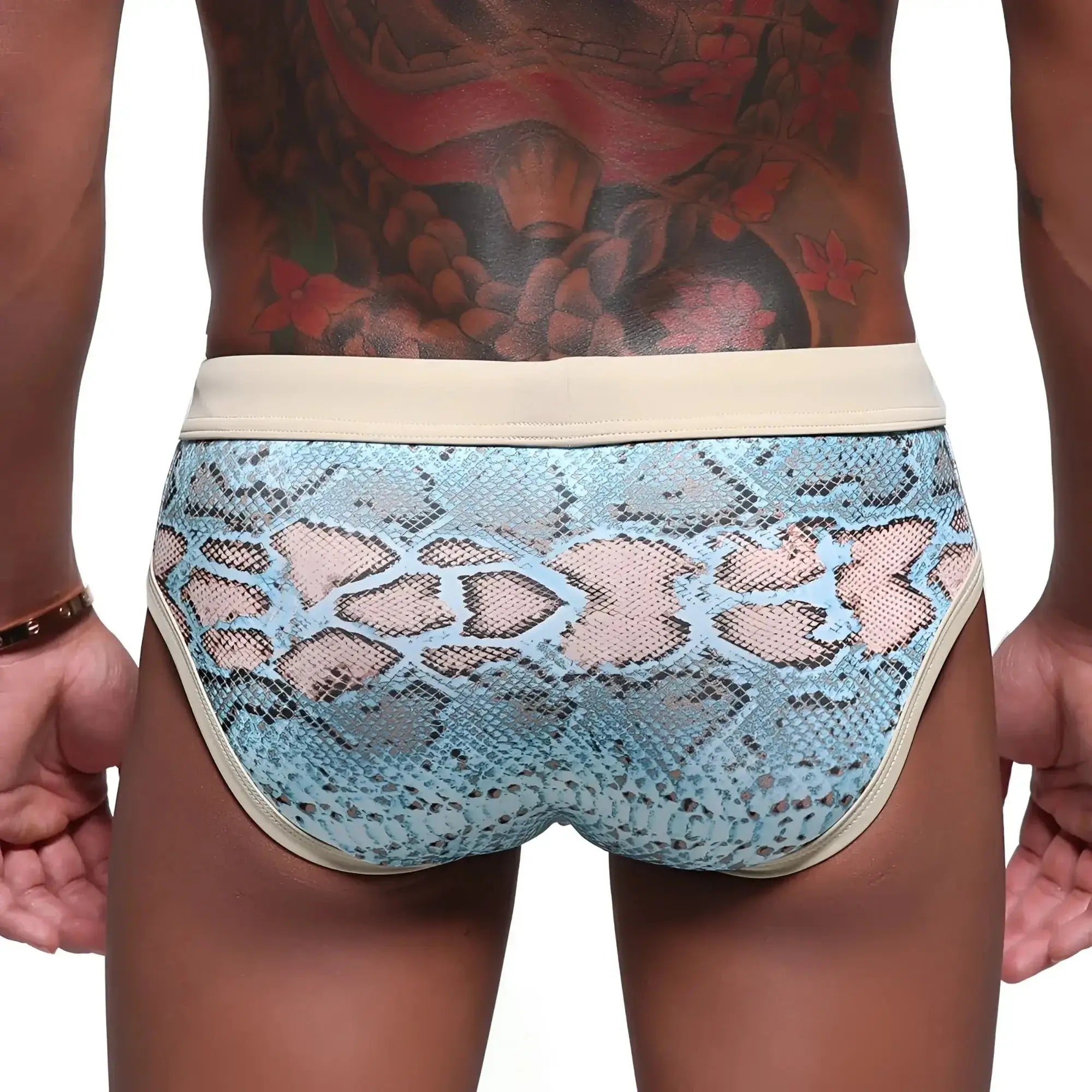 MetroMaleWear piton swim brief in turquoise light blue snake print with beige trim for men