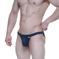 MetroMaleWear Plano bikini dark blue athletic briefs with snug fit and small red logo on the waistband