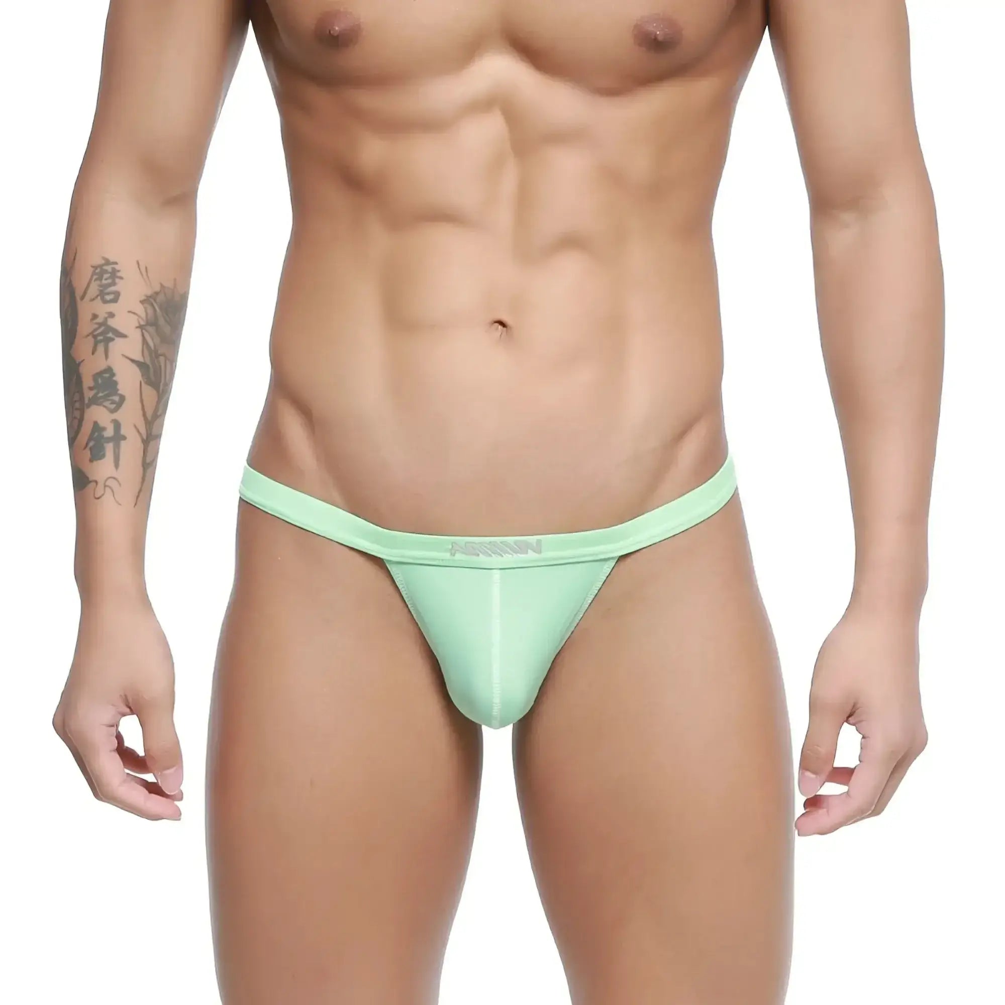 Mint green nylon thong with subtle MetroMaleWear logo on waistband from Plano Bikini Green 3334-07 collection