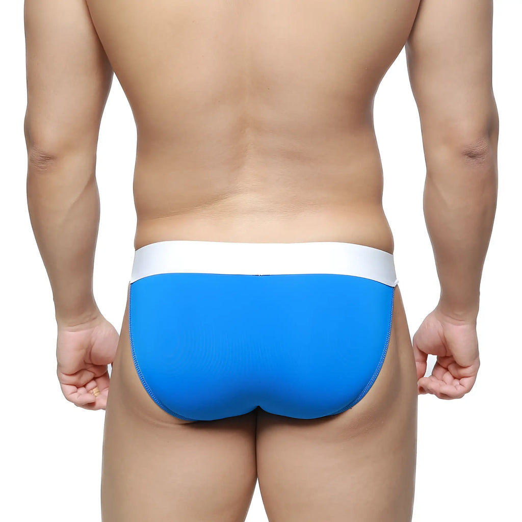 Bright blue MetroMaleWear M2W pocket bikini briefs with white waistband in soft breathable fabric for everyday wear