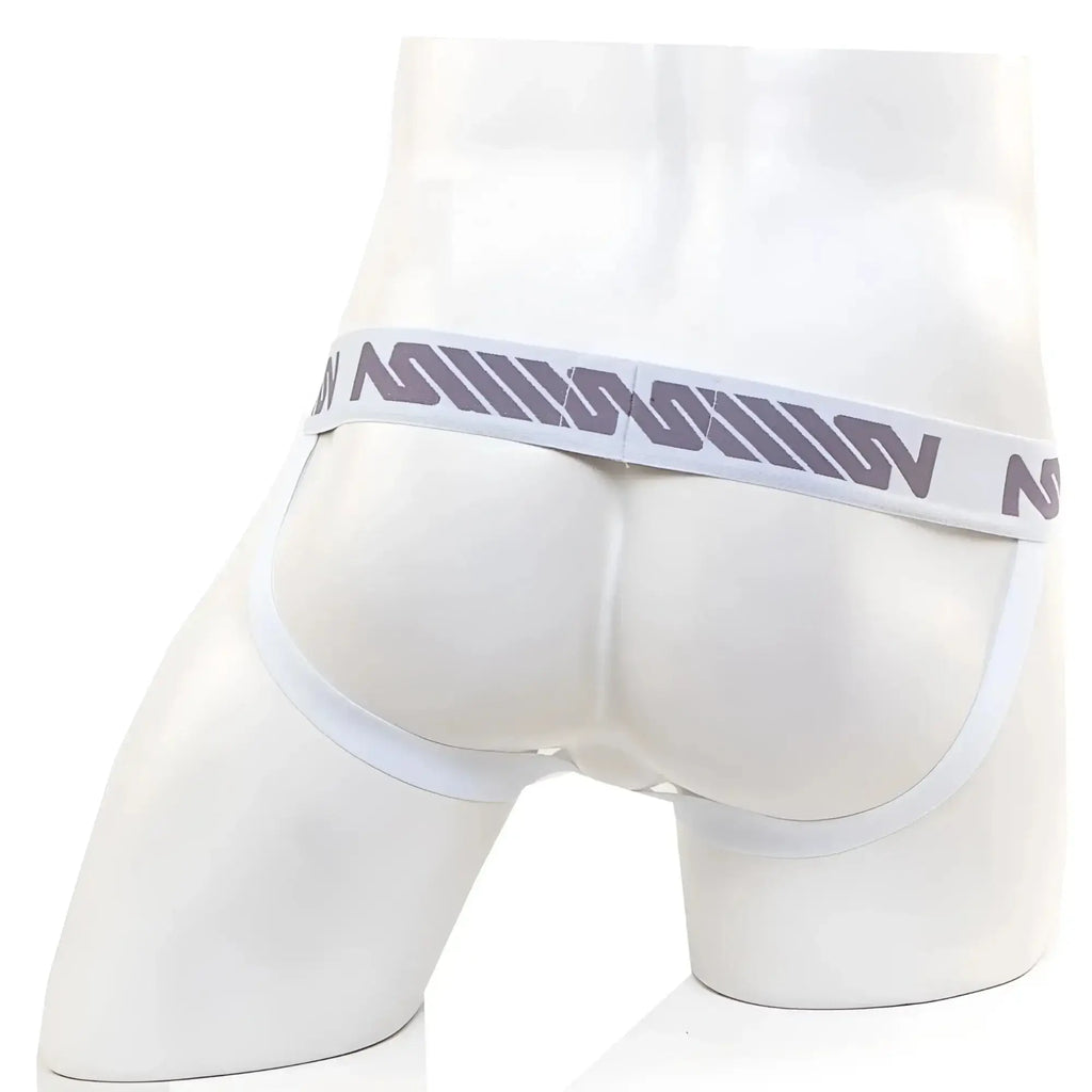 White men’s briefs with a gray patterned waistband featuring stylized lettering.