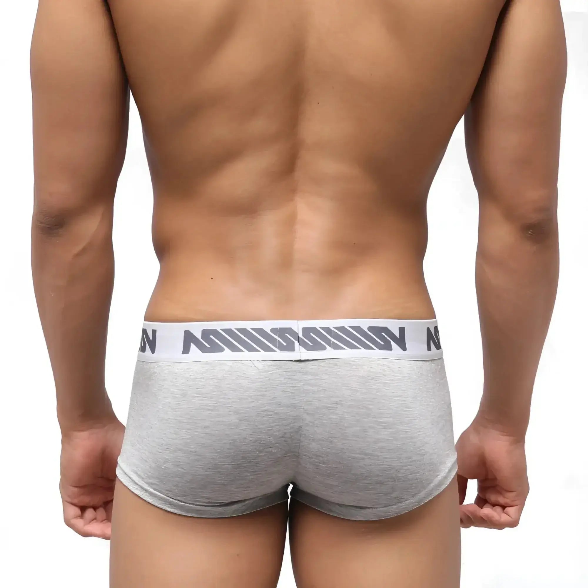 Gray heathered metro male wear pocket short boxer briefs with white elastic waistband and gray n logo pattern