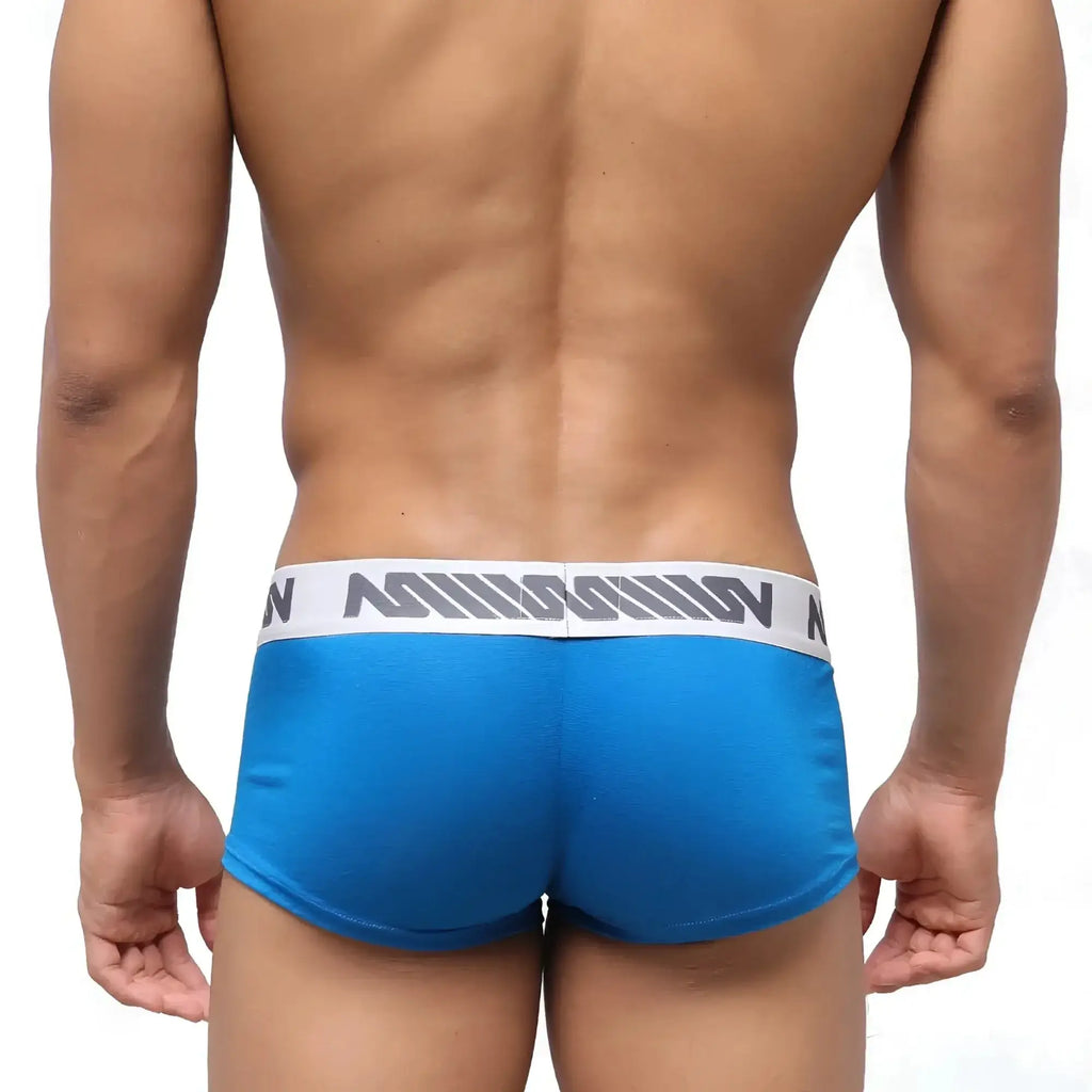 Blue athletic MetroMaleWear pocket short boxer with white waistband gray stripes and misson branding in royal blue