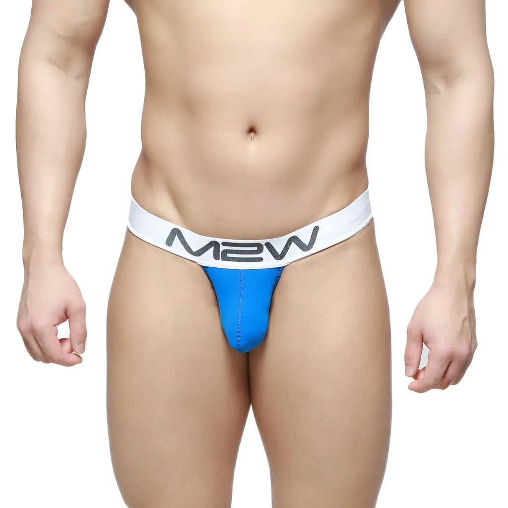 Blue m2w brand briefs with white waistband and gray m2w logo from MetroMaleWear m2w pocket thong azul 3202-18 collection