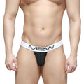 Black m2w brand briefs with white waistband and m2w logo in black lettering from MetroMaleWear pocket thong oscuridad 3202-22