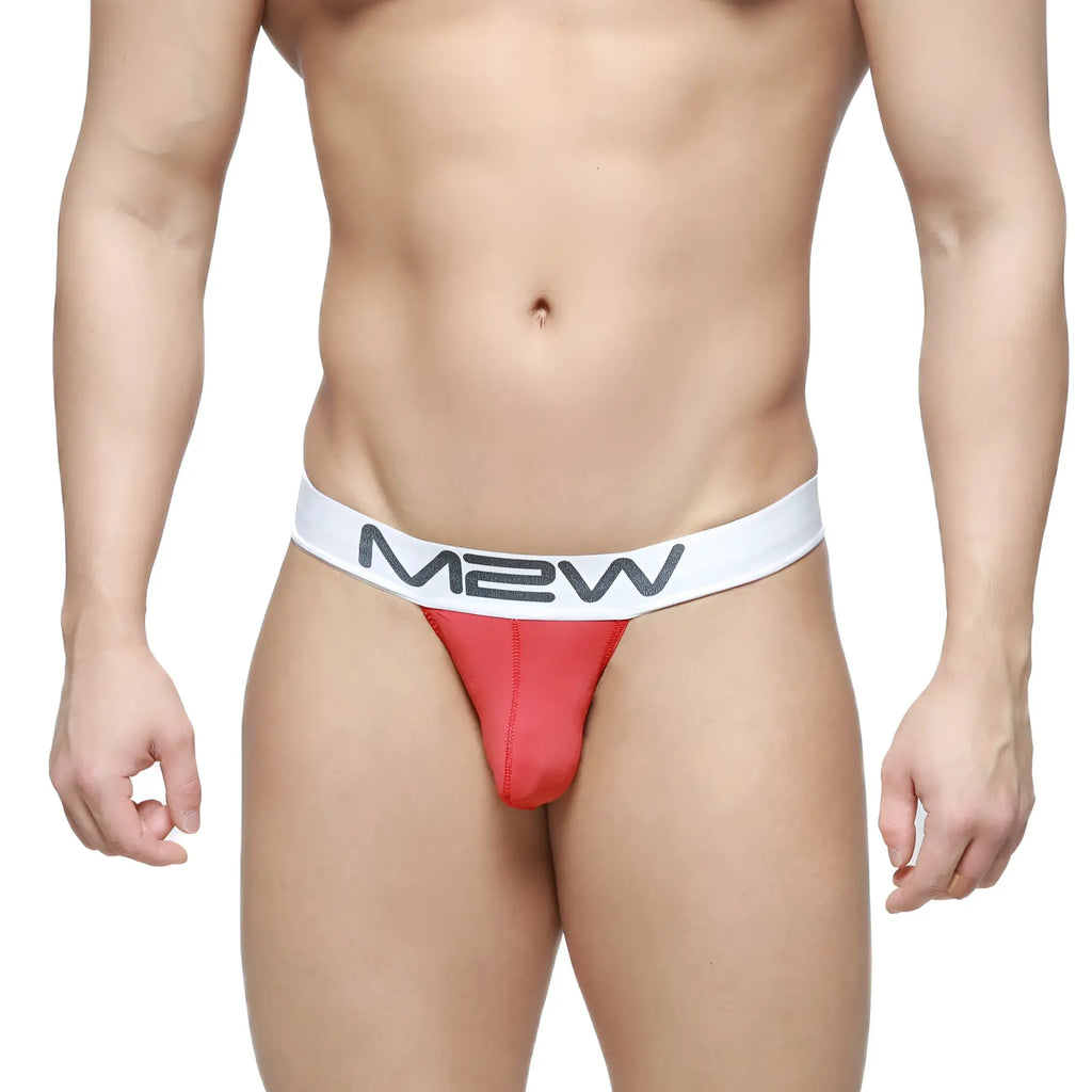 MetroMaleWear M2W pocket thong red with white waistband and black lettering in a comfortable stretch fabric