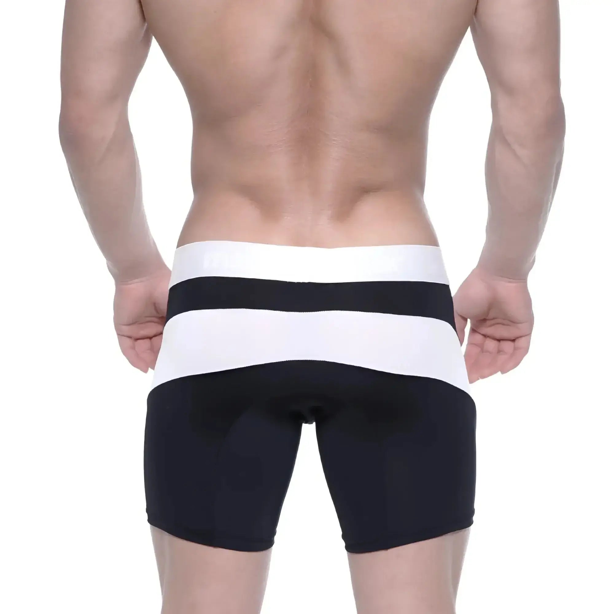 Black and white striped polyester metro male wear mid boxer arc 10 inch athletic briefs with a snug fit