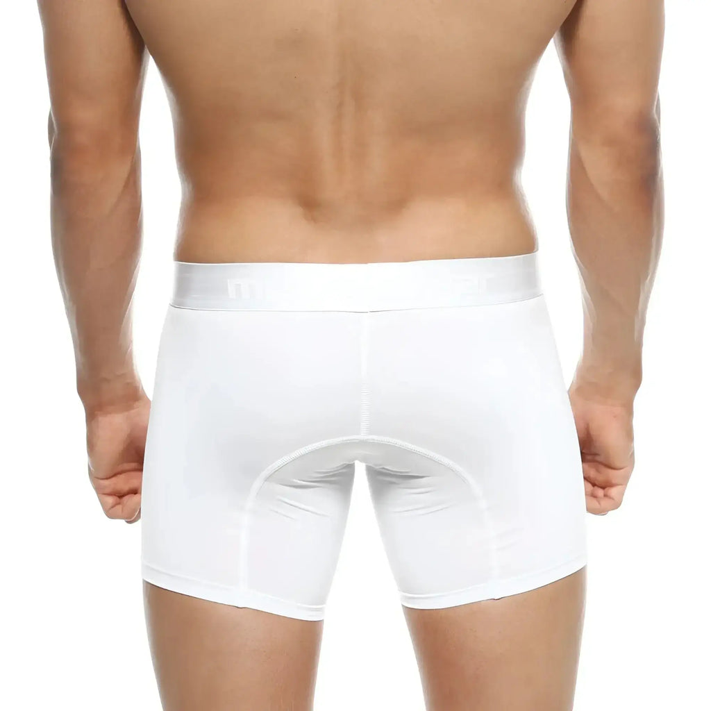 White men’s polyester boxer briefs metro malewear mid fit crystal 10 inch with snug fit and reinforced seams