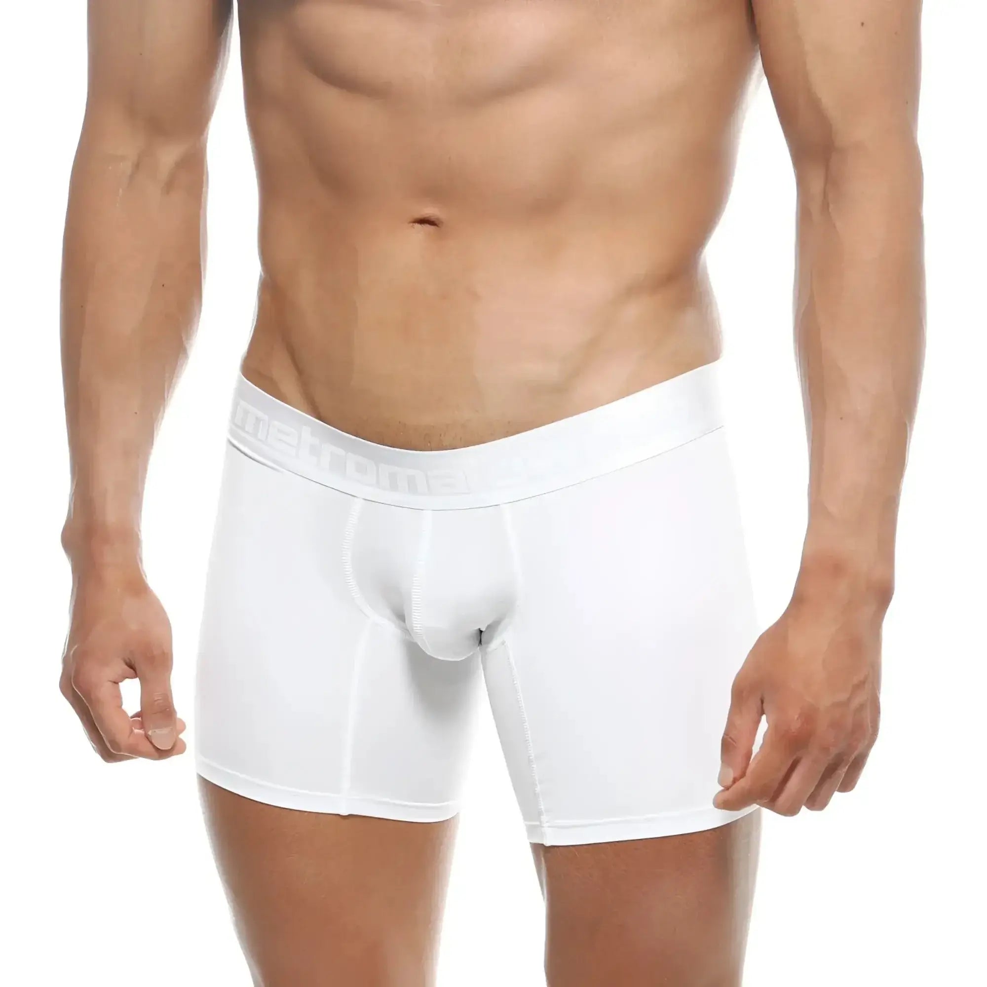 White men’s polyester boxer briefs with subtle men4one embossed elastic waistband metro malewear crystal 10 inch