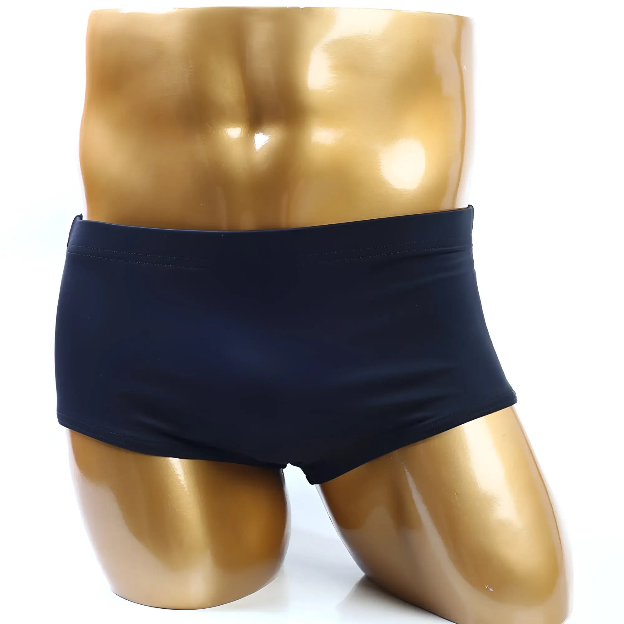 Navy blue classic bodybuilding trunk by MetroMaleWear displayed on a golden mannequin torso with 6 inch length