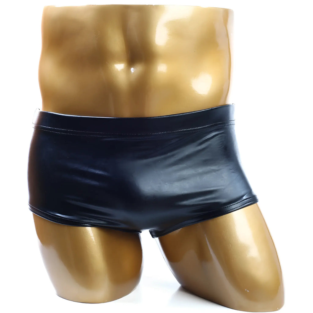 Black shiny latex briefs MetroMaleWear posingwear classic bodybuilding trunk leather 6 on golden mannequin