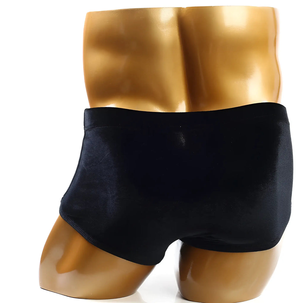 Black velvet briefs classic bodybuilding trunk 6 inch displayed on a golden mannequin by MetroMaleWear