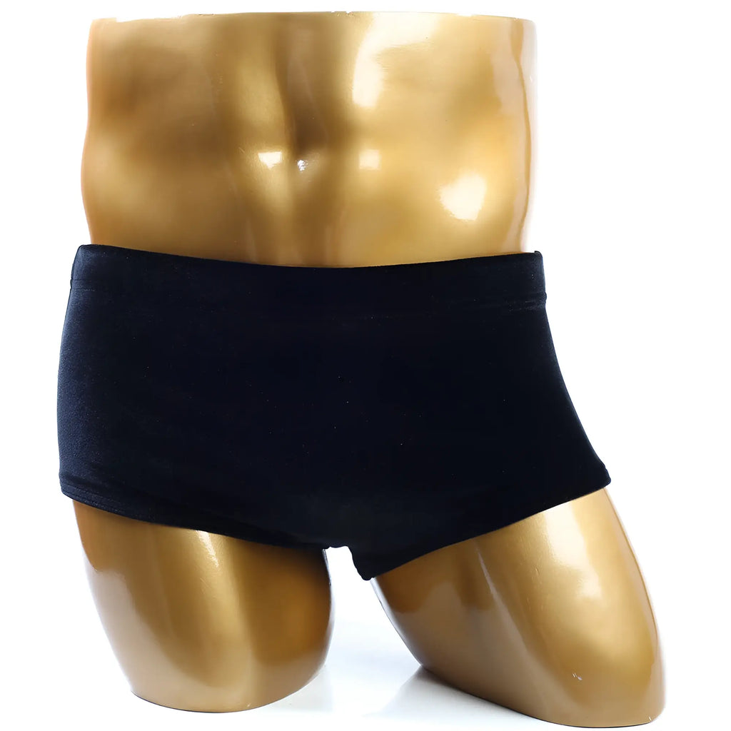 Black velvet MetroMaleWear posingwear classic bodybuilding trunk briefs on gold mannequin front view