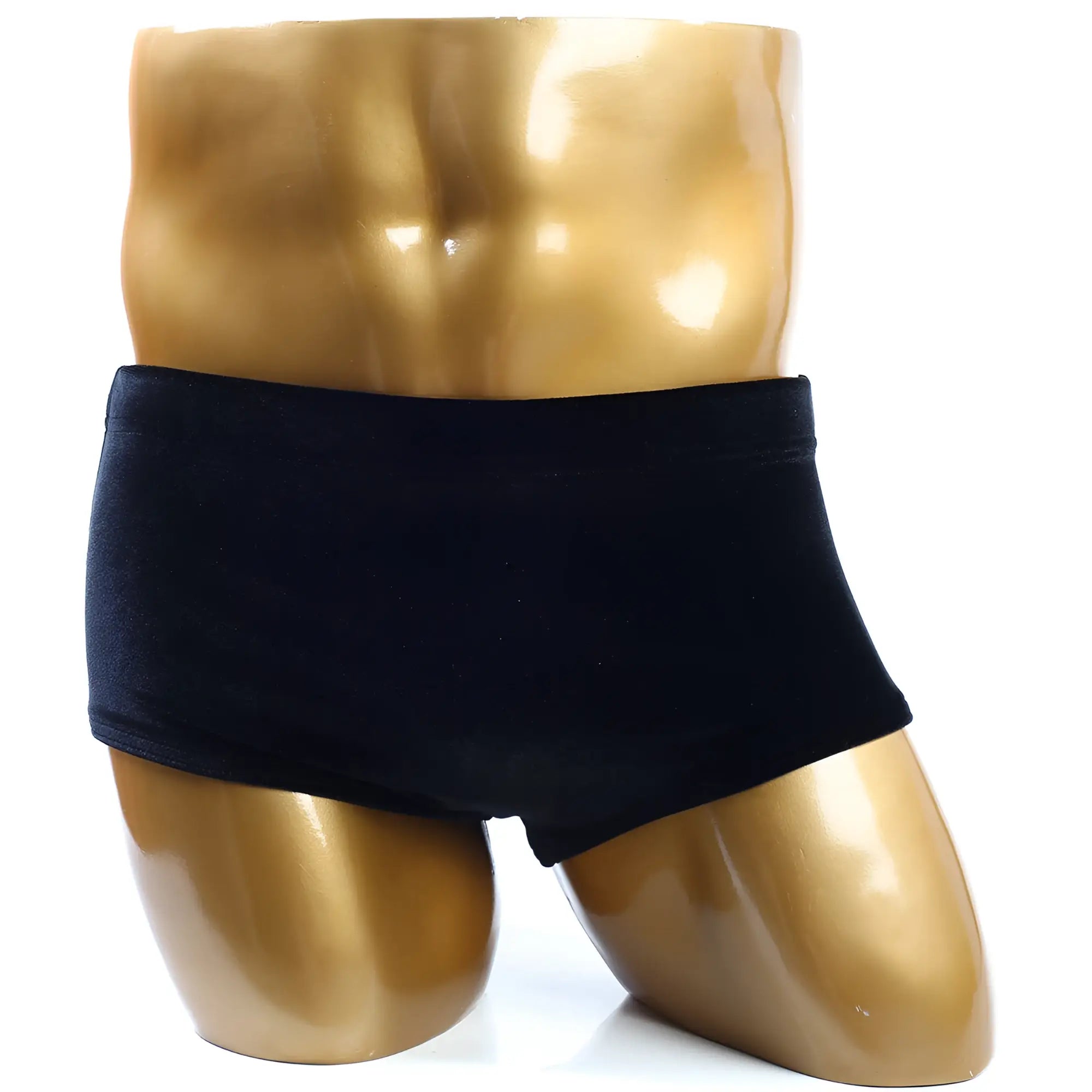 Black velvet MetroMaleWear posingwear classic bodybuilding trunk briefs on gold mannequin front view