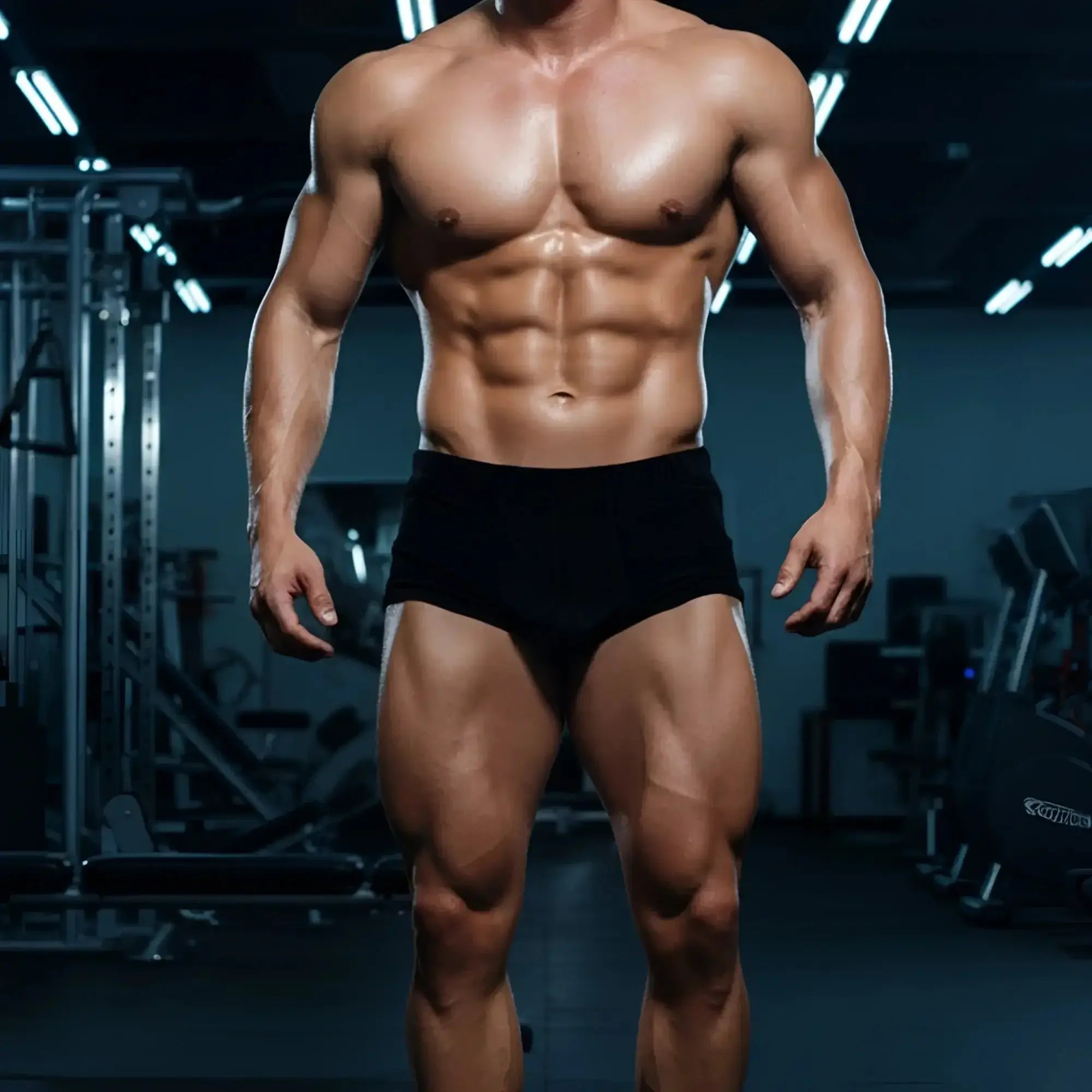 A muscular man wearing black velvet metroMalewear posingwear classic bodybuilding trunks 6 inch
