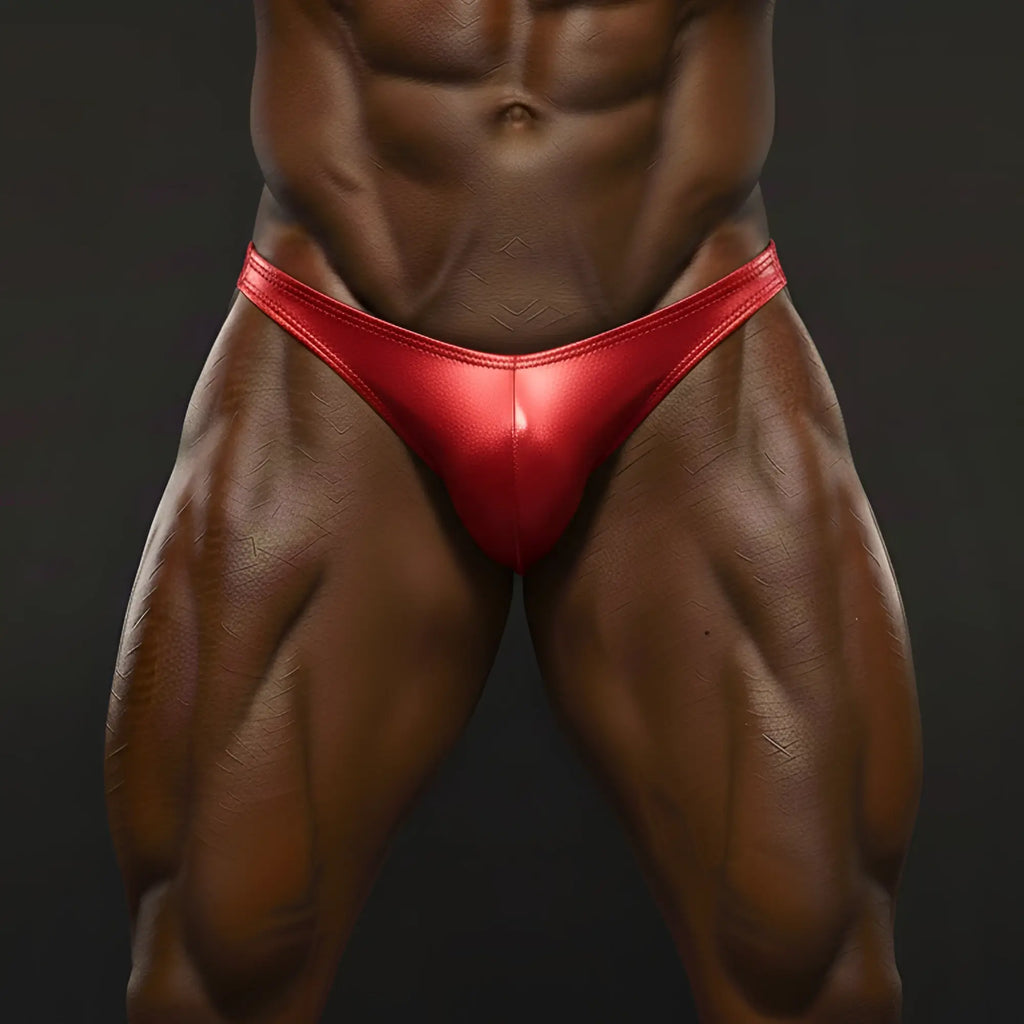 MetroMaleWear PosingWear core red posing suit vibrant red glossy fabric briefs sleek form-fitting design
