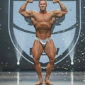 MetroMaleWear shiny silver patterned competition briefs with number 34 for posing and dog tag suits