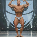 MetroMaleWear shiny silver patterned competition briefs with number 34 for posing and dog tag suits