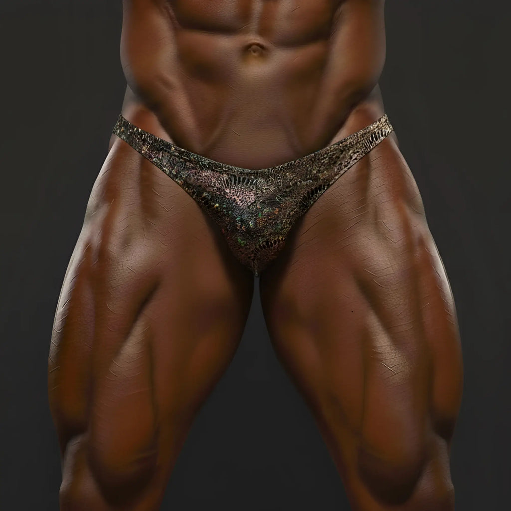 Metro malewear gold peacock posing briefs with shimmering metallic snake-scale pattern for posing wear