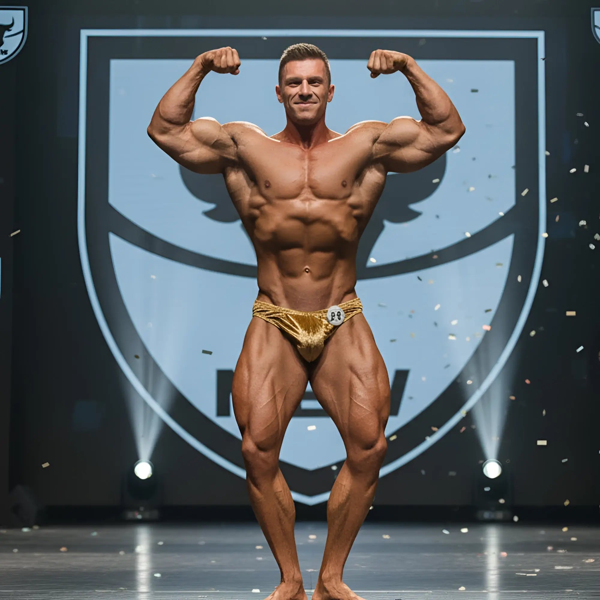 Gold metallic velvet briefs with shiny textured surface and embroidered logo by MetroMaleWear posingwear