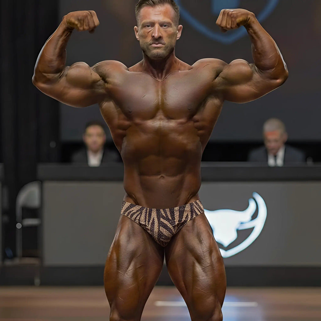 A muscular man flexing in brown and beige zebra-striped briefs from metromalewear posingwear gold zebra posing suit