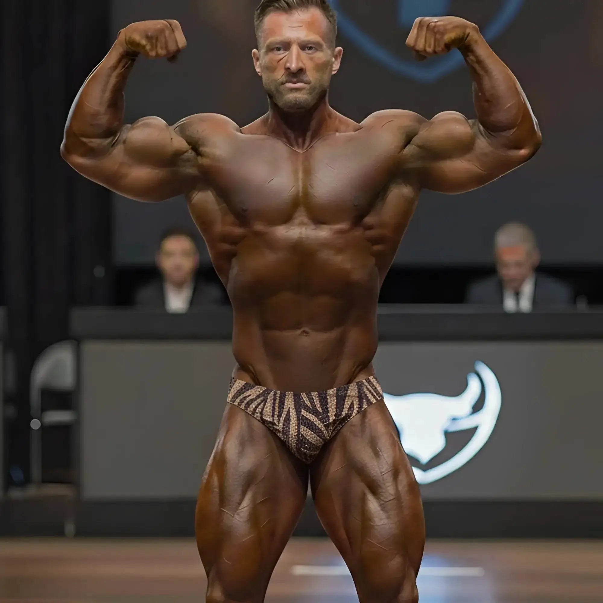 A muscular man flexing in brown and beige zebra-striped briefs from metromalewear posingwear gold zebra posing suit