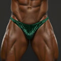 Emerald green velvet thong from metromalewear posingwear designed as a green velvet posing suit back view