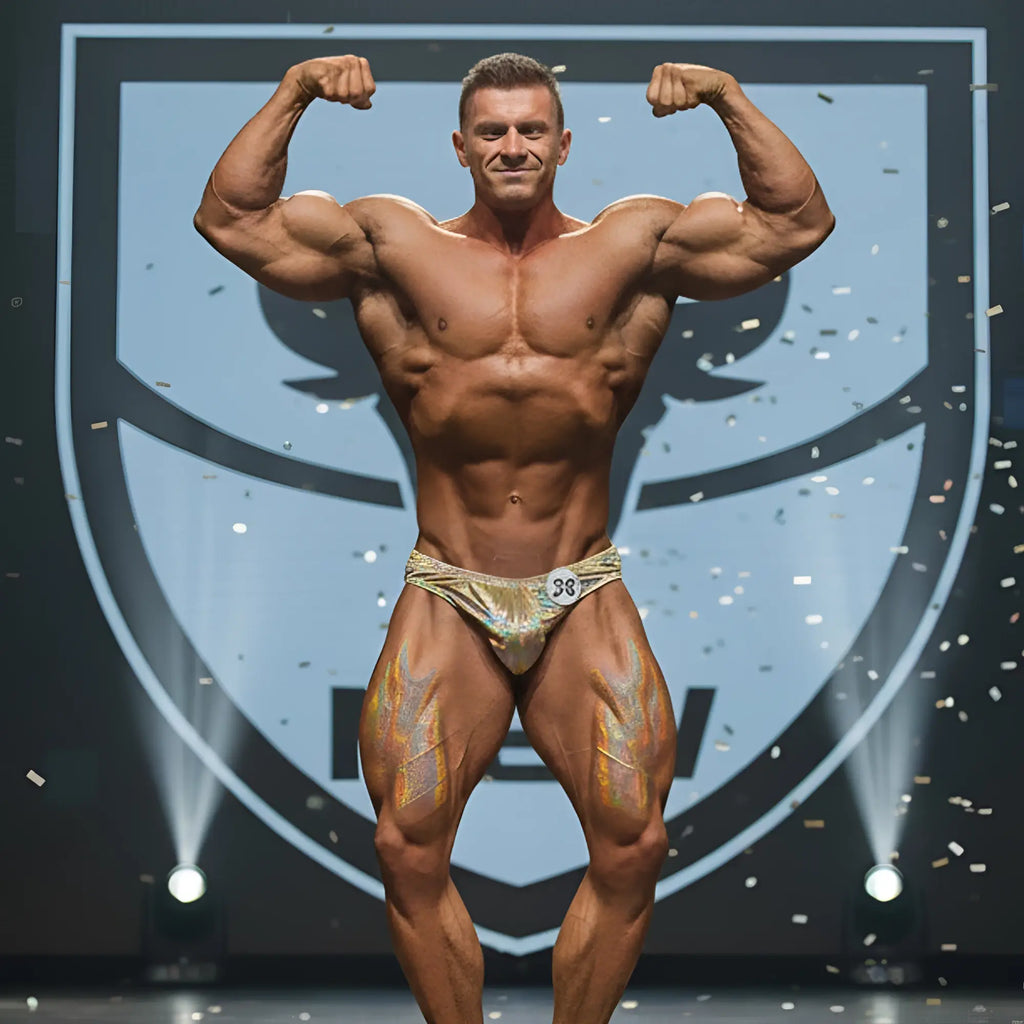 A muscular man wearing MetroMaleWear PosingWear hologram gold shiny competition briefs with number 38 on hip
