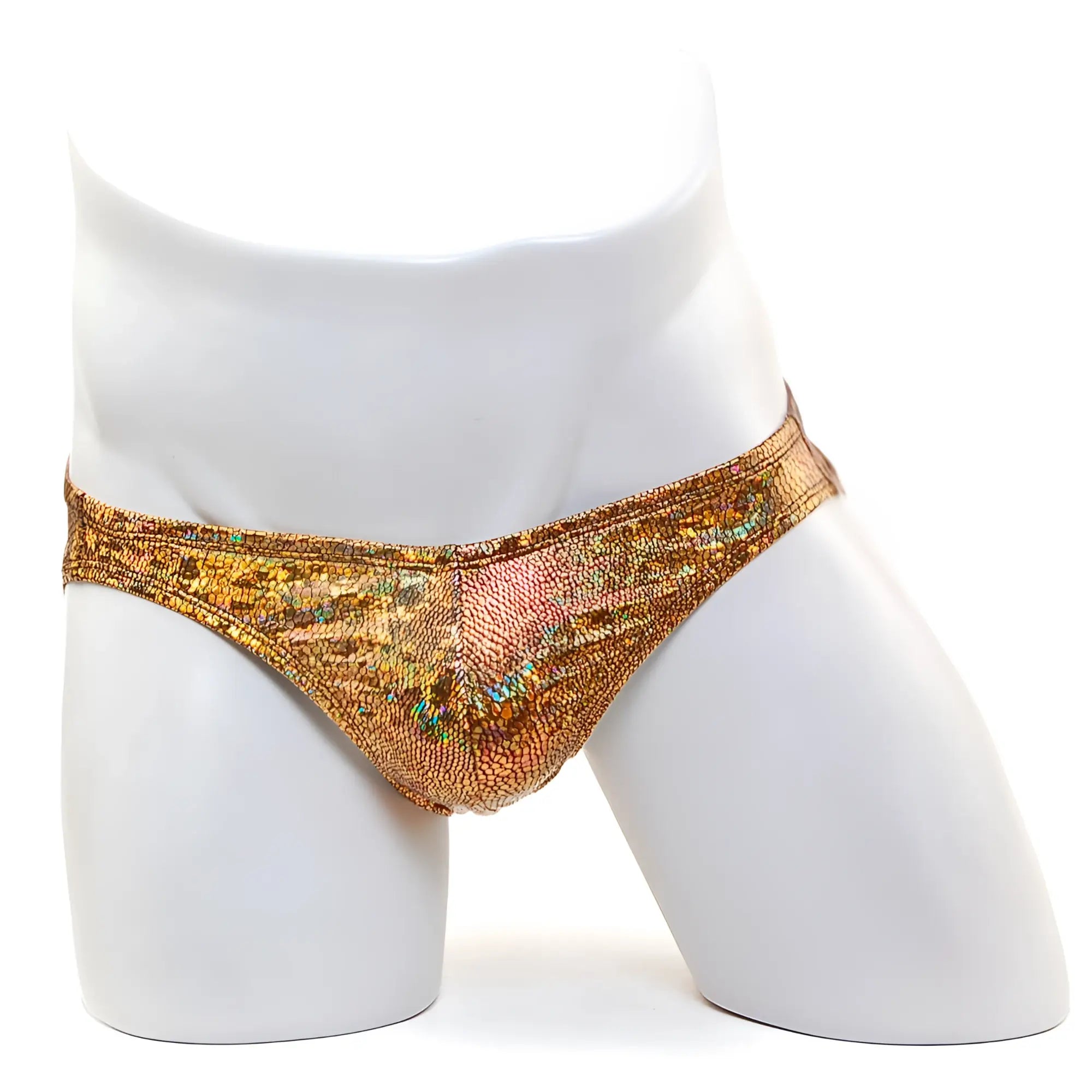 Shiny gold holographic patterned briefs with a textured iridescent finish from metromalewear posingwear