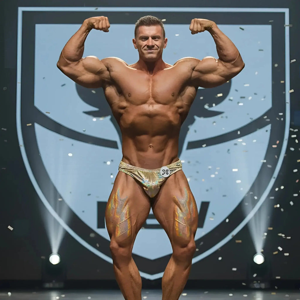 A muscular man wearing MetroMaleWear PosingWear hologram gold shiny competition briefs with number 38 on hip
