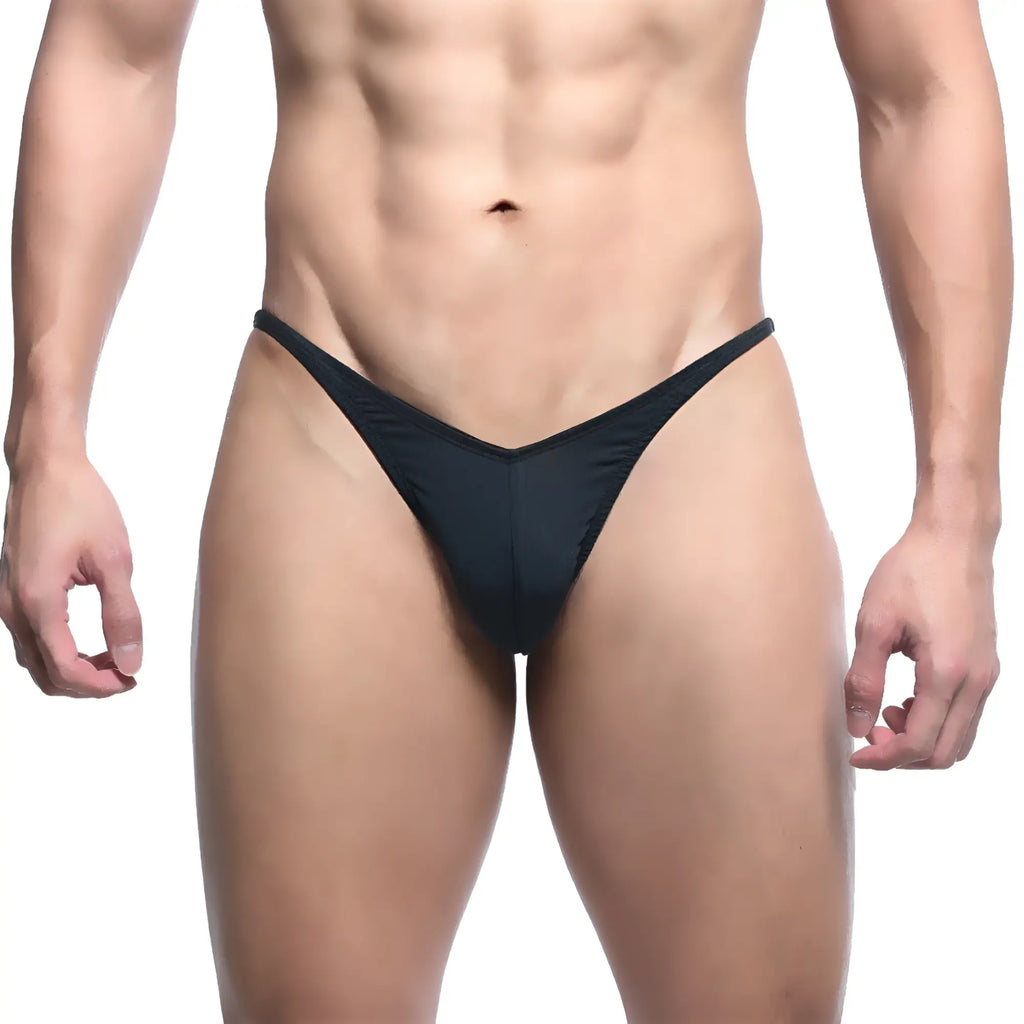 Black MetroMaleWear posingwear IFBB PRO form-fitting thong made of smooth stretchy fabric shown from the back